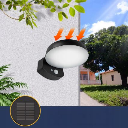 Dimbare LED-zonne-wandlamp met sensor LED/3W/3,7V 1800 mAh IP54 zwart