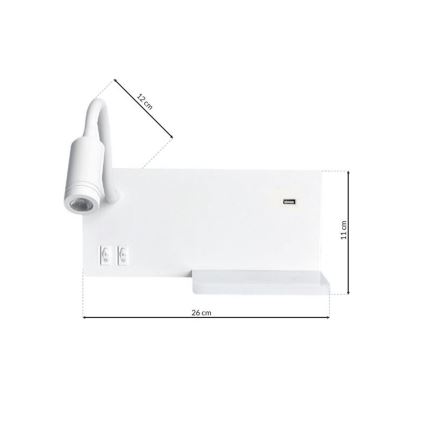 LED-wandlamp SHELF LED/4W+LED/5W+LED/2W/230V + USB-poort wit