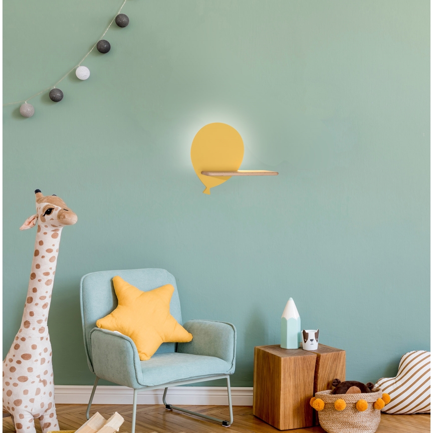 LED wandlamp voor kinderen inclusief plank BALLOON LED/4W/230V geel/hout