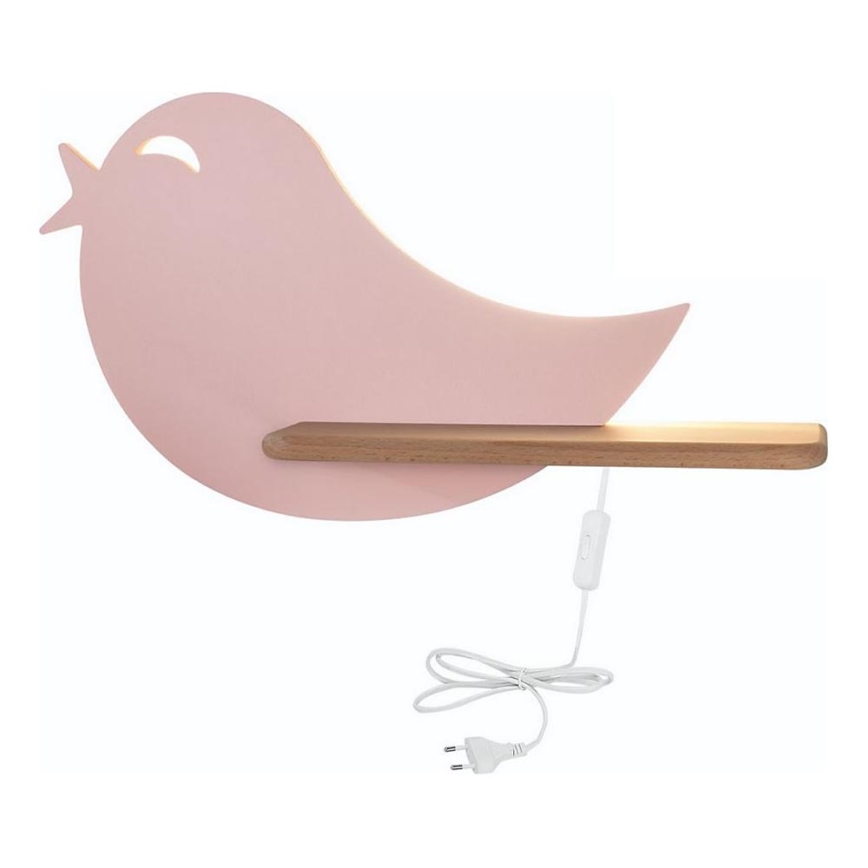 LED wandlamp voor kinderen inclusief plank BIRD LED/5W/230V roze/hout