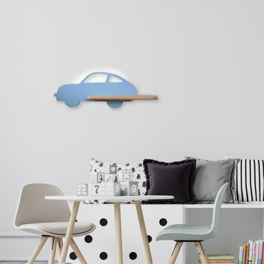 LED wandlamp voor kinderen inclusief plank CAR LED/5W/230V blauw/hout