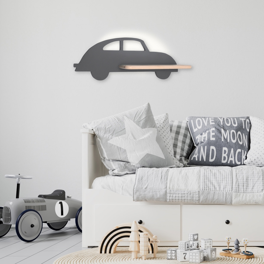 LED wandlamp voor kinderen inclusief plank CAR LED/5W/230V grijs/hout