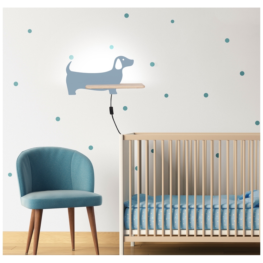 LED wandlamp voor kinderen inclusief plank DOG LED/5W/230V blauw/hout