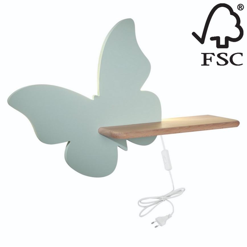 LED wandlamp voor kinderen inclusief plank VLINDER LED/5W/230V groen/hout