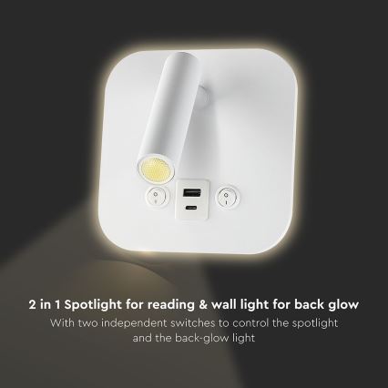 LED wandspot met USB-poort LED/8W/230V 3000K wit