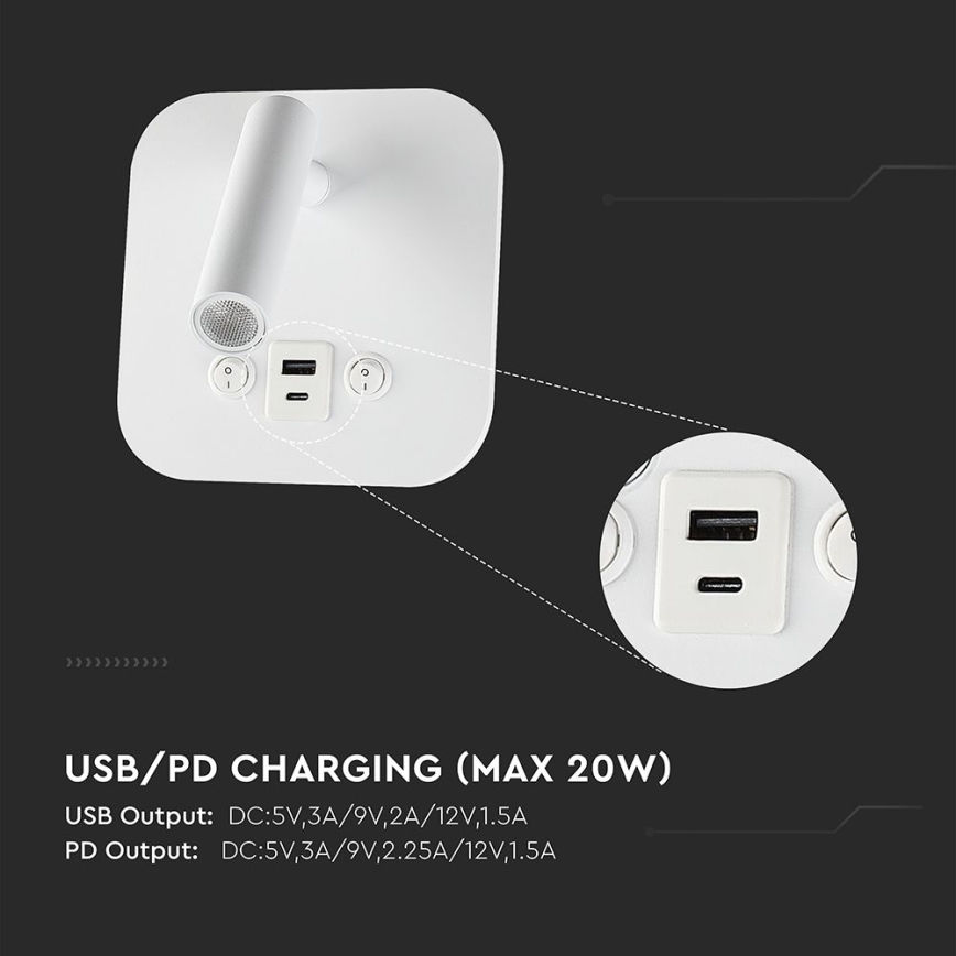 LED wandspot met USB-poort LED/8W/230V 3000K wit