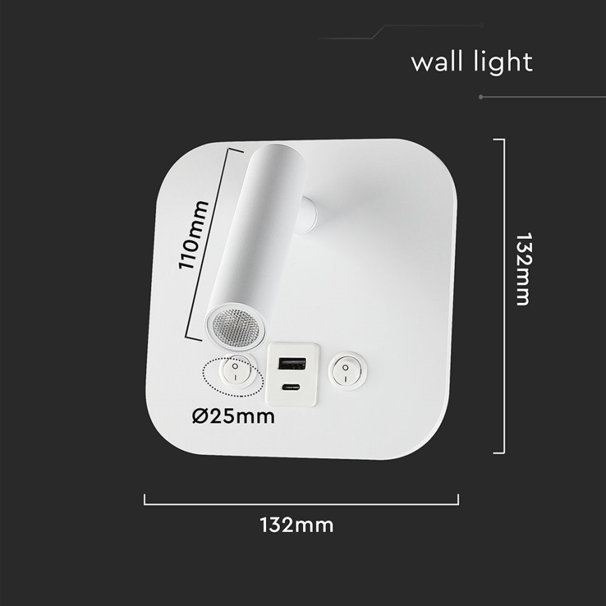 LED wandspot met USB-poort LED/8W/230V 3000K wit