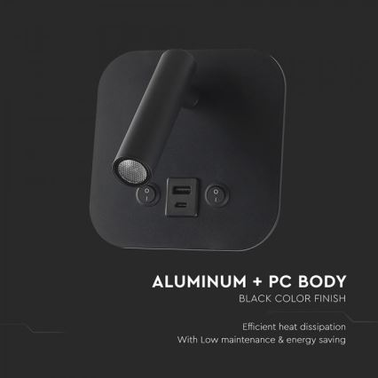 LED-wandspot met USB-poort LED/8W/230V 3000K zwart
