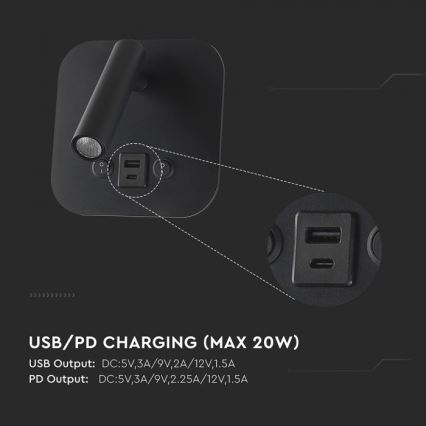 LED-wandspot met USB-poort LED/8W/230V 3000K zwart