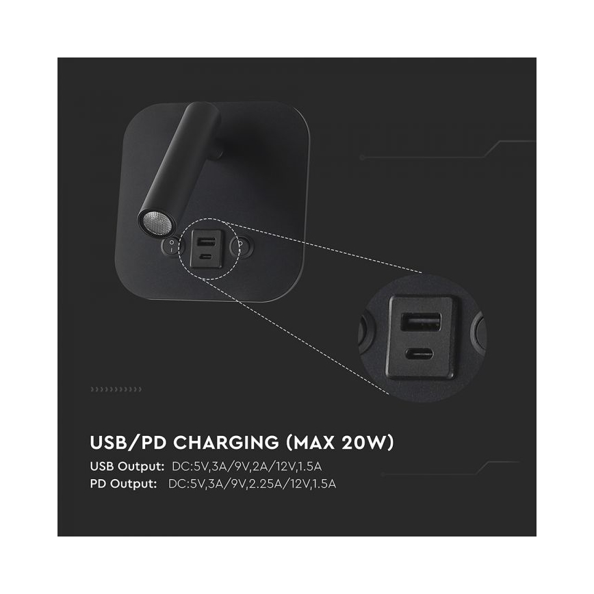LED-wandspot met USB-poort LED/8W/230V 3000K zwart