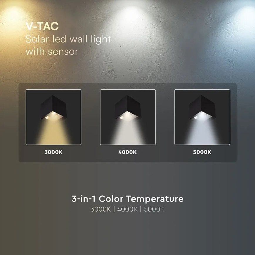 LED zonne-wandlamp met sensor LED/9W/3,7V 3000/4000/5000K IP65 2600 mAh zwart