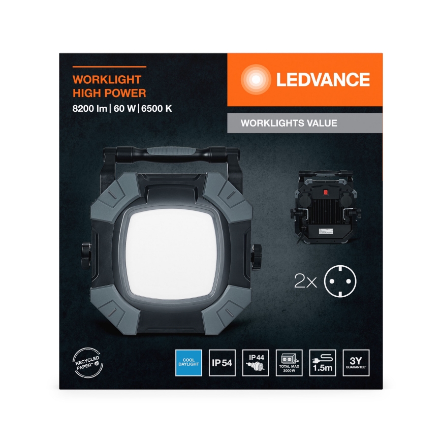 Ledvance - LED Dimbaar werk lamp met 2 stopcontacten WORKLIGHT VALUE LED/60W/230V IP54