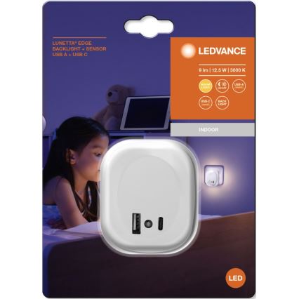 Ledvance - LED Stekker-nachtlamp met sensor en USB LUNETTA LED/12,5W/230V wit