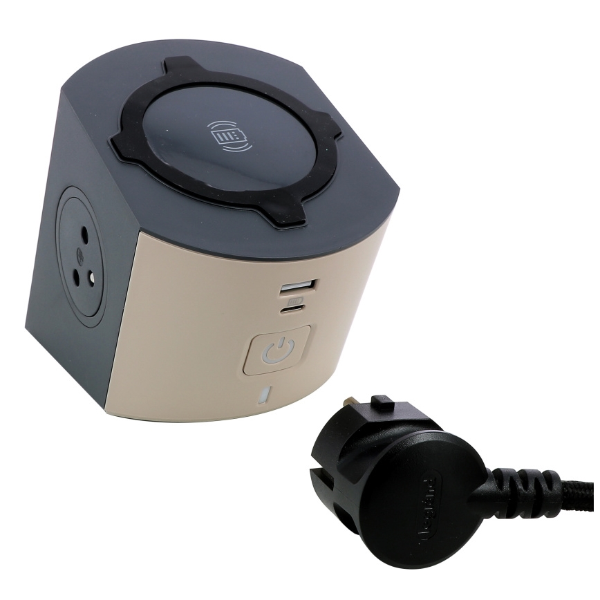 Legrand 049402 - Stekkerdoossplitter met schakelaar 2Z Type E + USB-A + USB-C en draadloos opladen 10W 2m bruin