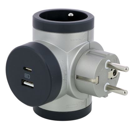 Legrand 049439 - Verdeelstekker roterend 2Z Type E, F + USB-A + USB-C zilver/zwart