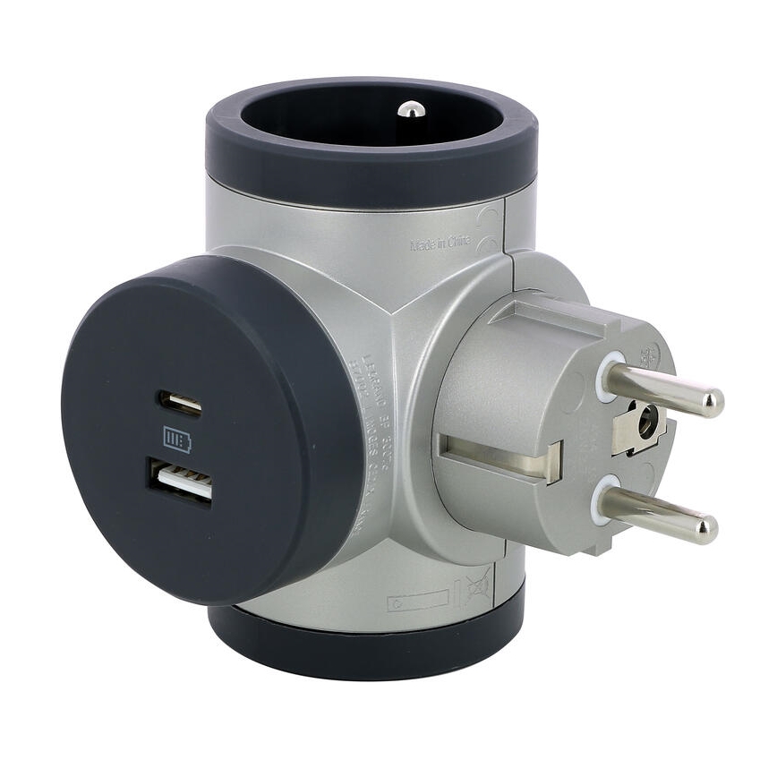 Legrand 049439 - Verdeelstekker roterend 2Z Type E, F + USB-A + USB-C zilver/zwart