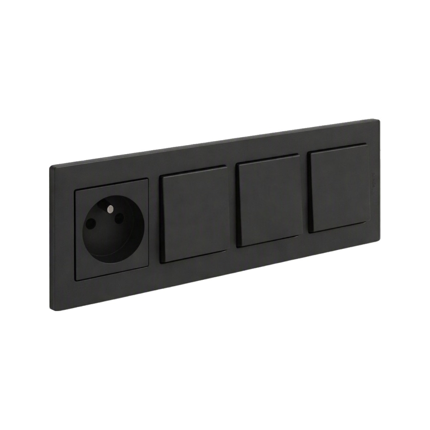 Legrand - Drievoudige enkelpolige schakelaar nr. 1 en huishoudelijk stopcontact met frame NILOE STEP 250V zwart