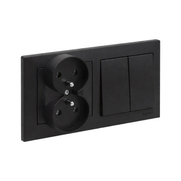 Legrand - Dubbel huishoudelijk stopcontact en dubbele serieschakelaar nr. 5 met afdekraam SUNO 250V zwart