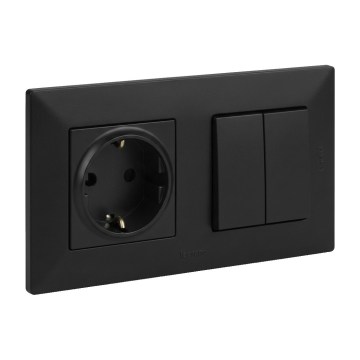 Legrand - Dubbele trapschakelaar 6+6 en huishoudelijk SCHUKO-stopcontact met afdekraam NILOE STEP 250V zwart