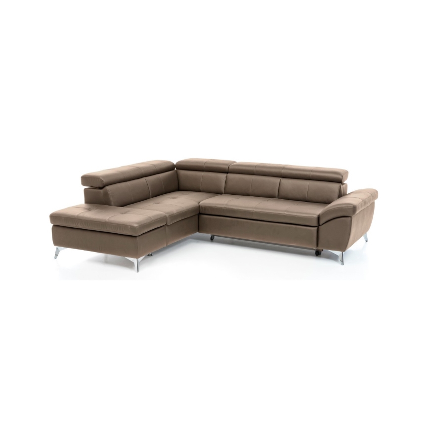 Uitschuifbare leren hoekbank in L-vorm SALERNO II links, bruin