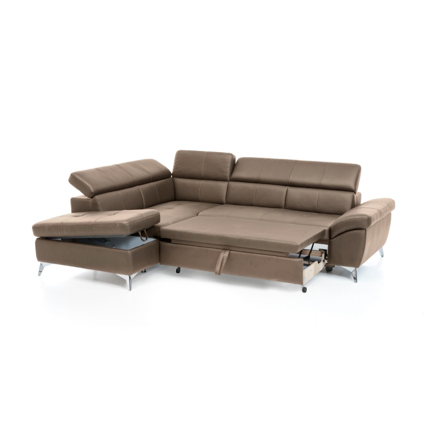 Uitschuifbare leren hoekbank in L-vorm SALERNO II links, bruin