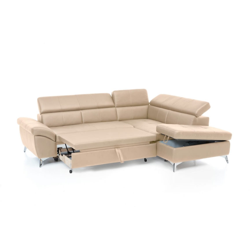 Uitschuifbare leren hoekbank in L-vorm SALERNO II rechts beige