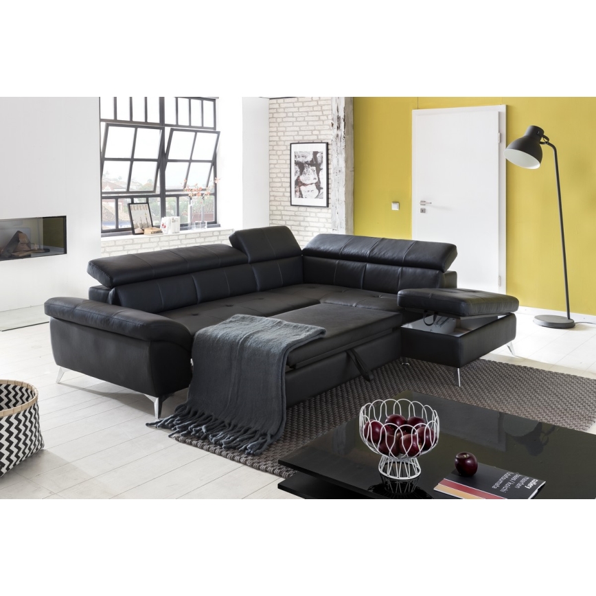 Uitschuifbare leren hoekbank in L-vorm SALERNO II rechts zwart
