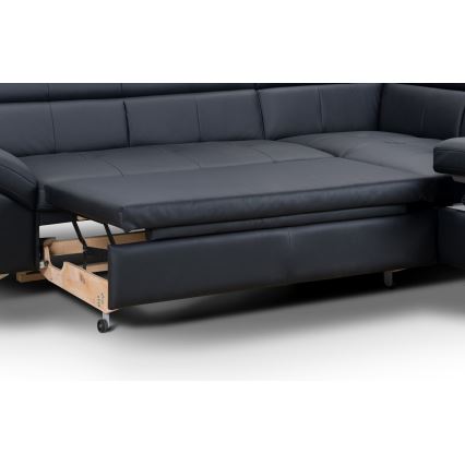 Uitschuifbare leren hoekbank in L-vorm SALERNO II rechts zwart