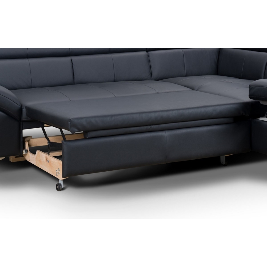 Uitschuifbare leren hoekbank in L-vorm SALERNO II rechts zwart