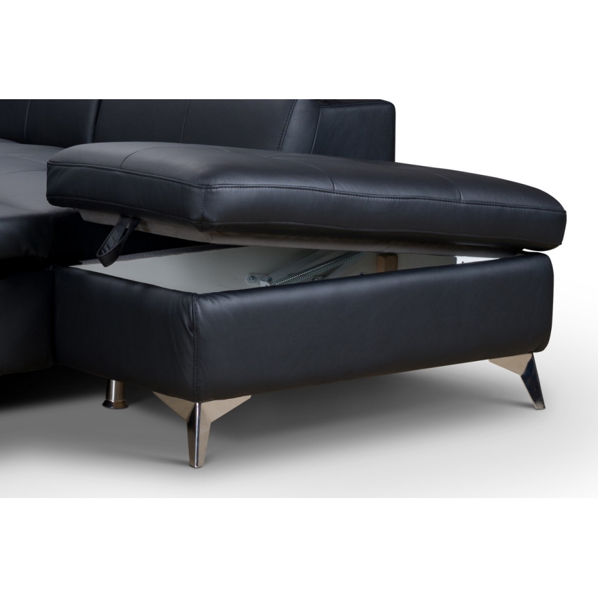 Uitschuifbare leren hoekbank in L-vorm SALERNO II rechts zwart