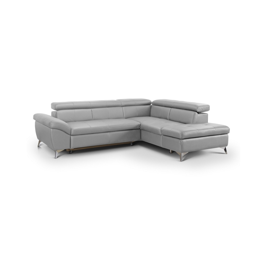 Uitschuifbare leren hoekbank in L-vorm SALERNO II rechts, grijs