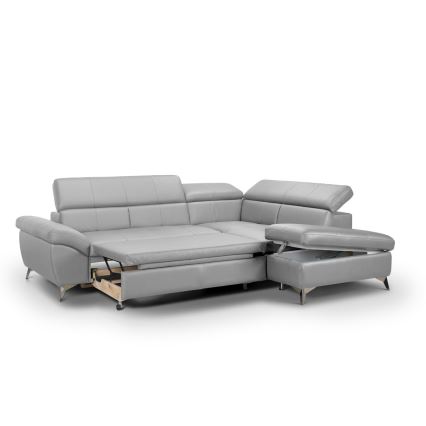 Uitschuifbare leren hoekbank in L-vorm SALERNO II rechts, grijs