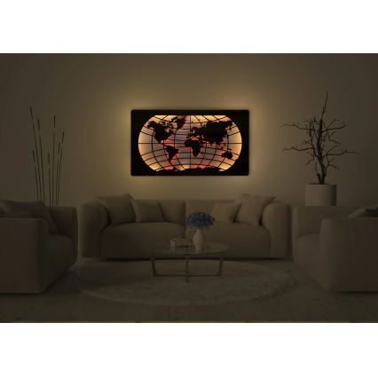 Li-Go 4709/DUB2 - LED RGBW dimbare wanddecoratie LED/24W/230V 125x74 cm eiken/wereldkaart met parallellen + afstandsbediening
