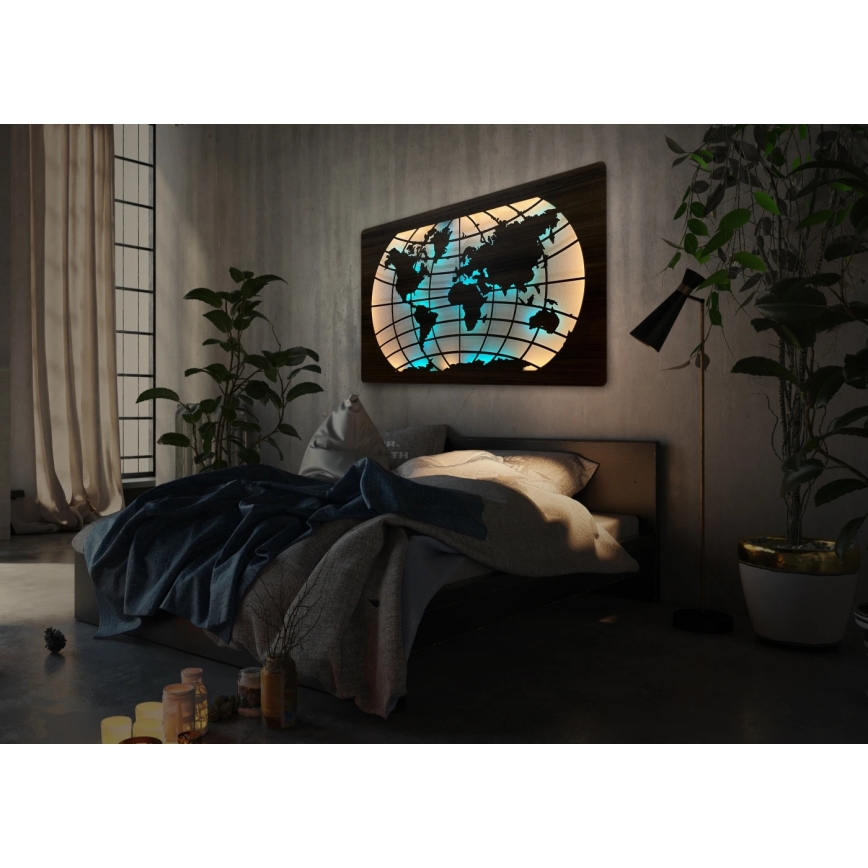 Li-Go 4709/DUB2 - LED RGBW dimbare wanddecoratie LED/24W/230V 125x74 cm eiken/wereldkaart met parallellen + afstandsbediening