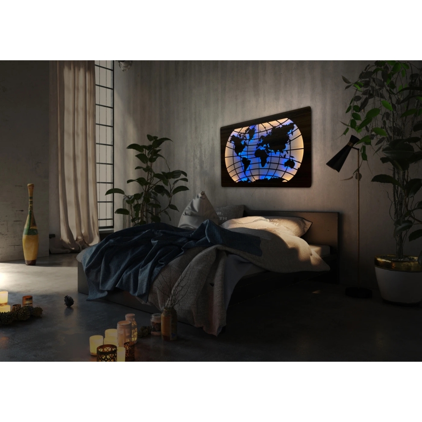 Li-Go 4709/DUB2 - LED RGBW dimbare wanddecoratie LED/24W/230V 125x74 cm eiken/wereldkaart met parallellen + afstandsbediening