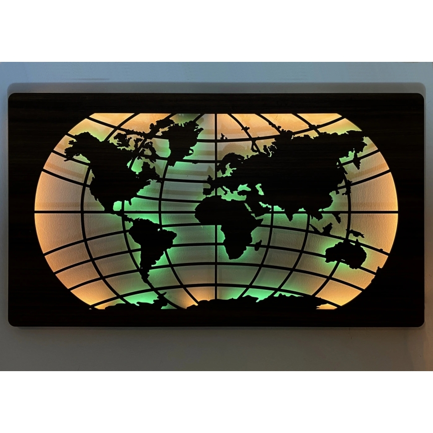 Li-Go 4709/DUB2 - LED RGBW dimbare wanddecoratie LED/24W/230V 125x74 cm eiken/wereldkaart met parallellen + afstandsbediening