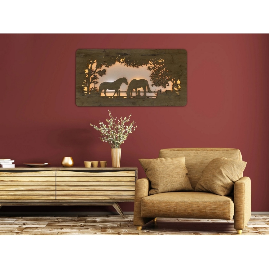 Li-Go 5012/B/4 - Dimbare LED wanddecoratie LED/10W/5V 30000 mAh 120x60 cm eik/paarden + afstandsbediening