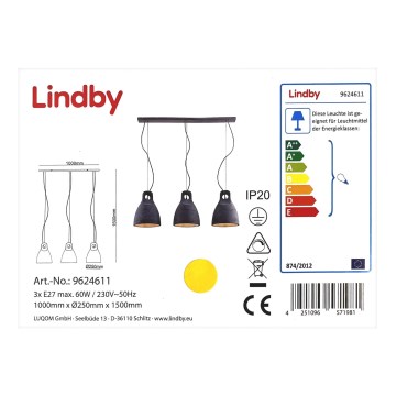 Lindby - Hanglamp aan een koord IBU 3xE27/60W/230V