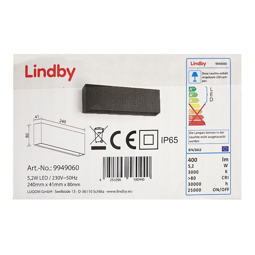 Lindby - LED Buitenwandlamp JARTE LED/5,2W/230V IP65