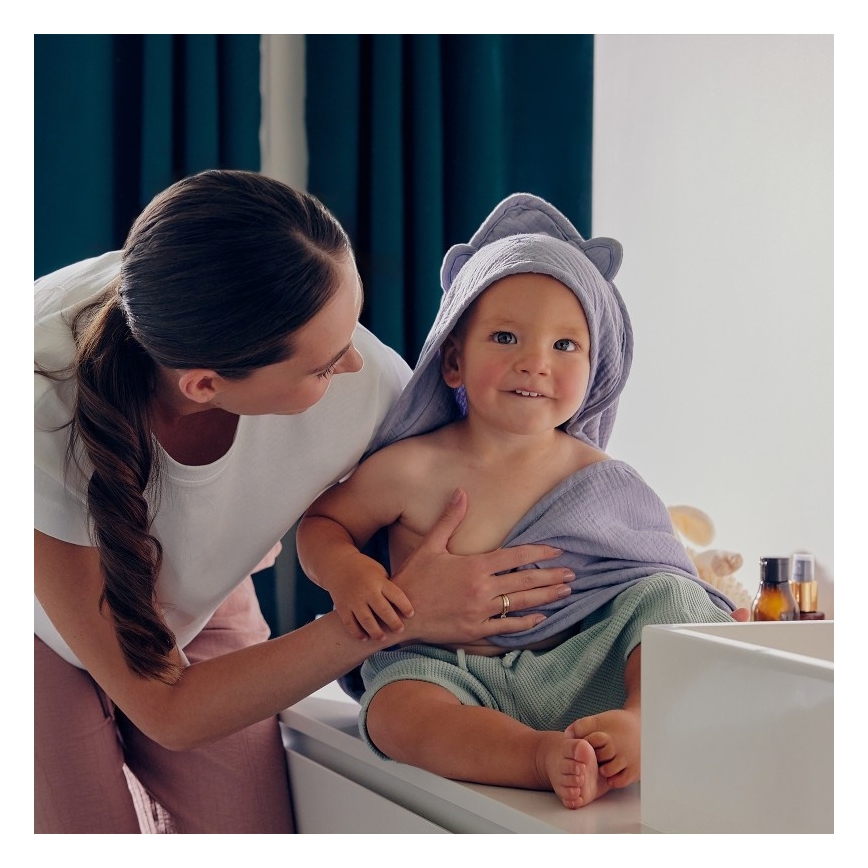 Lionelo - Badcape voor kinderen met capuchon van mousseline Hemelgrijs