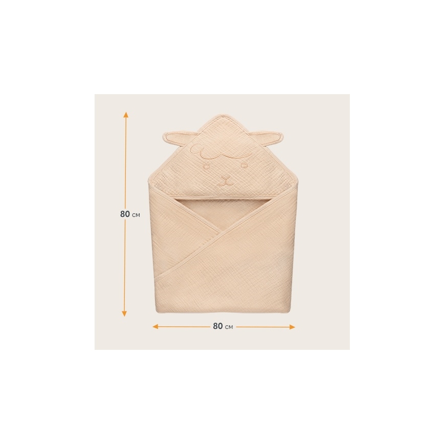 Lionelo - Kinderbadcape met capuchon van mousseline Beige zand