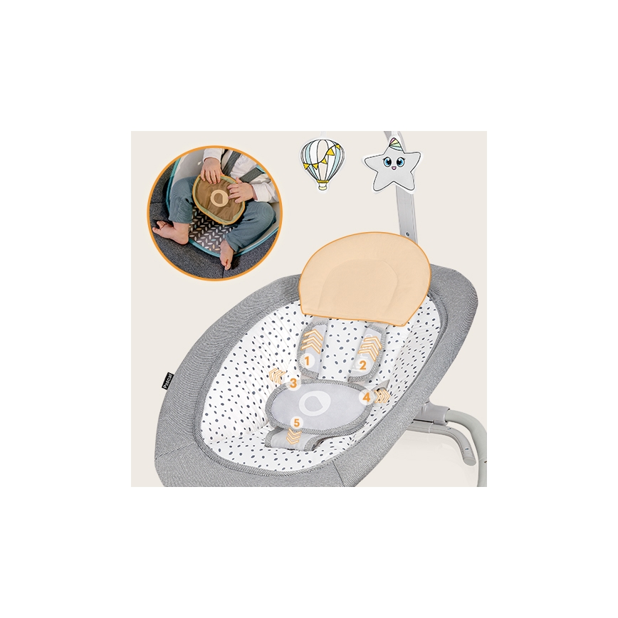 Lionelo - Vibrerend wipstoeltje voor baby's met een melodie PASCAL grijs