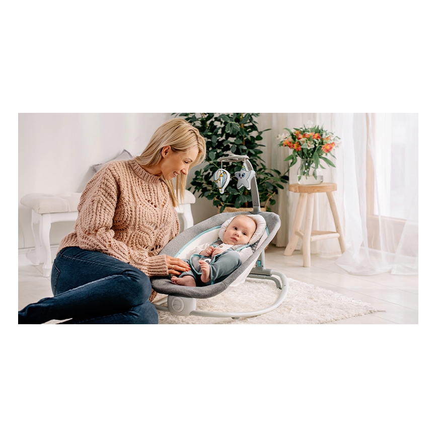 Lionelo - Vibrerend wipstoeltje voor baby's met melody PASCAL grijs/turquoise