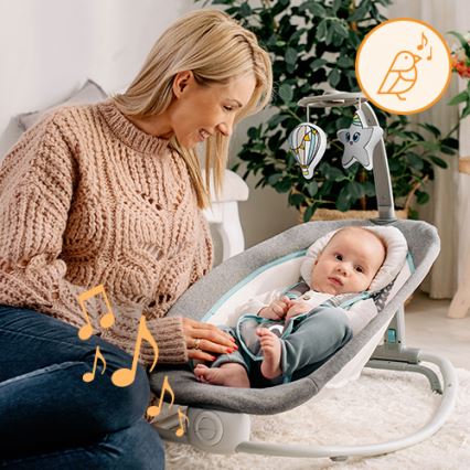 Lionelo - Vibrerend wipstoeltje voor baby's met melody PASCAL grijs/turquoise