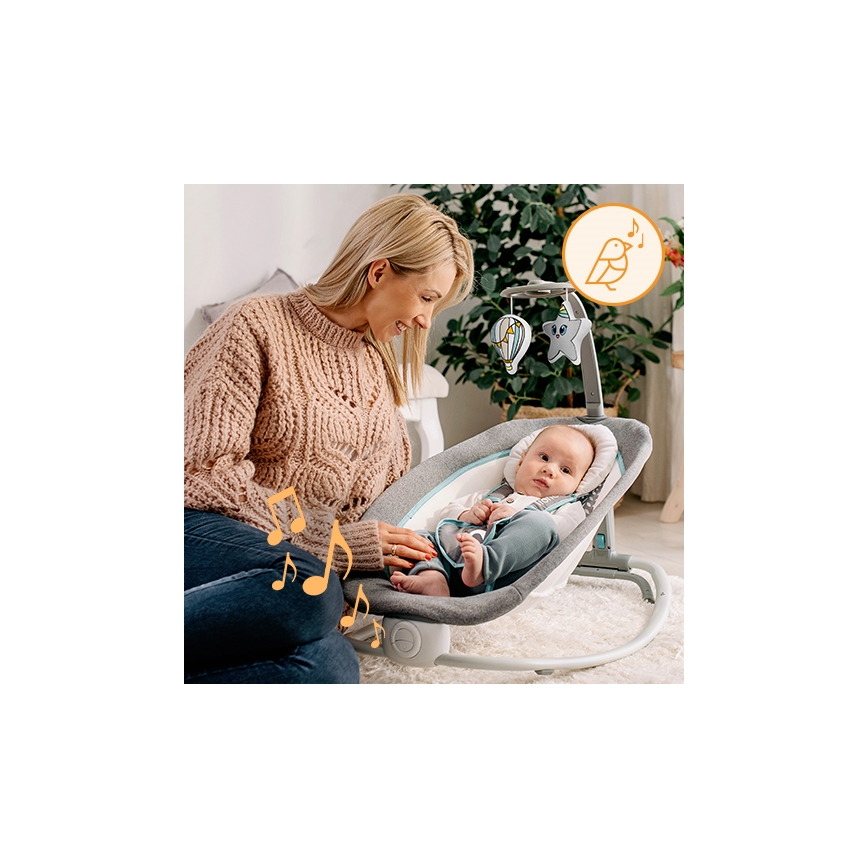 Lionelo - Vibrerend wipstoeltje voor baby's met melody PASCAL grijs/turquoise