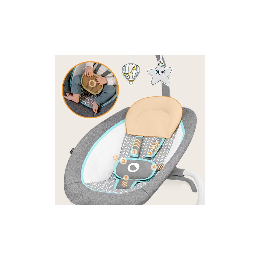Lionelo - Vibrerend wipstoeltje voor baby's met melody PASCAL grijs/turquoise