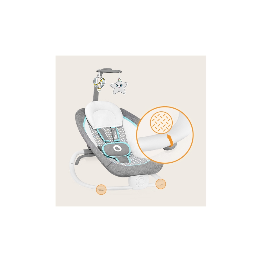 Lionelo - Vibrerend wipstoeltje voor baby's met melody PASCAL grijs/turquoise