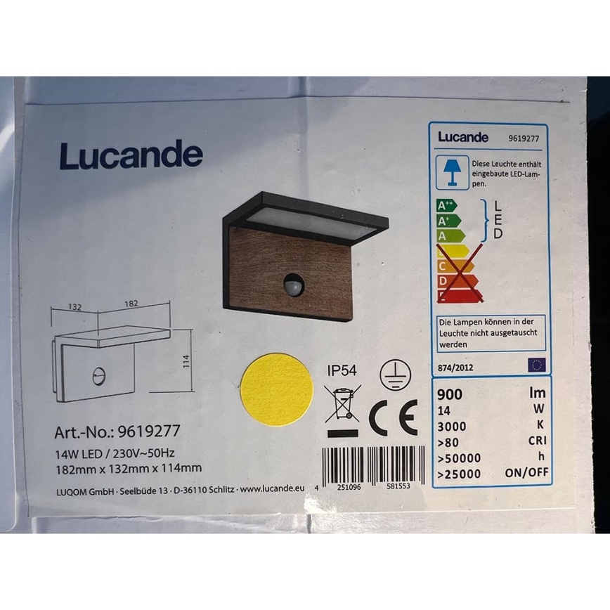 Lucande - LED Buitenwandlamp met sensor LIGNUS LED/14W/230V IP54