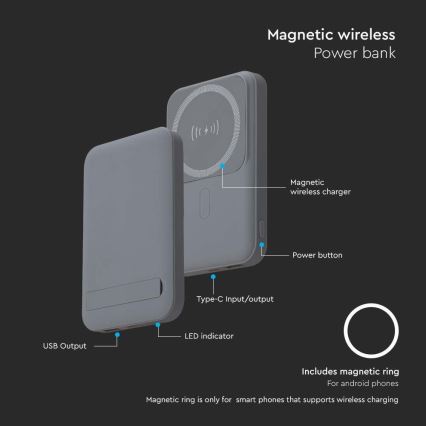 Magnetische Powerbank met draadloos opladen Power Delivery 10 000mAh/20W/3,7V grijs