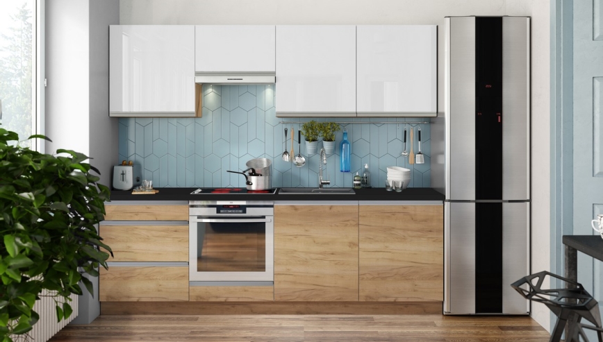 MARINA Keuken unit 240 cm eik kraft/glanzend wit